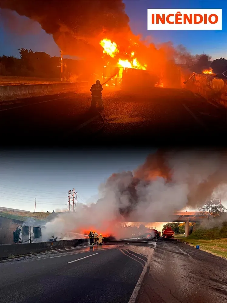 Incêndio em carreta carregada com pneus mobiliza Bombeiros na BR-050