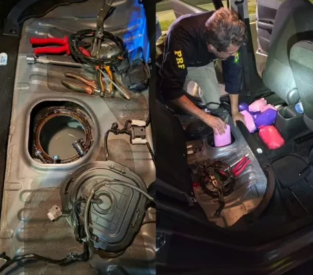 PRF apreende 14 quilos de pasta base de cocaína escondidos em tanque de carro na BR-262